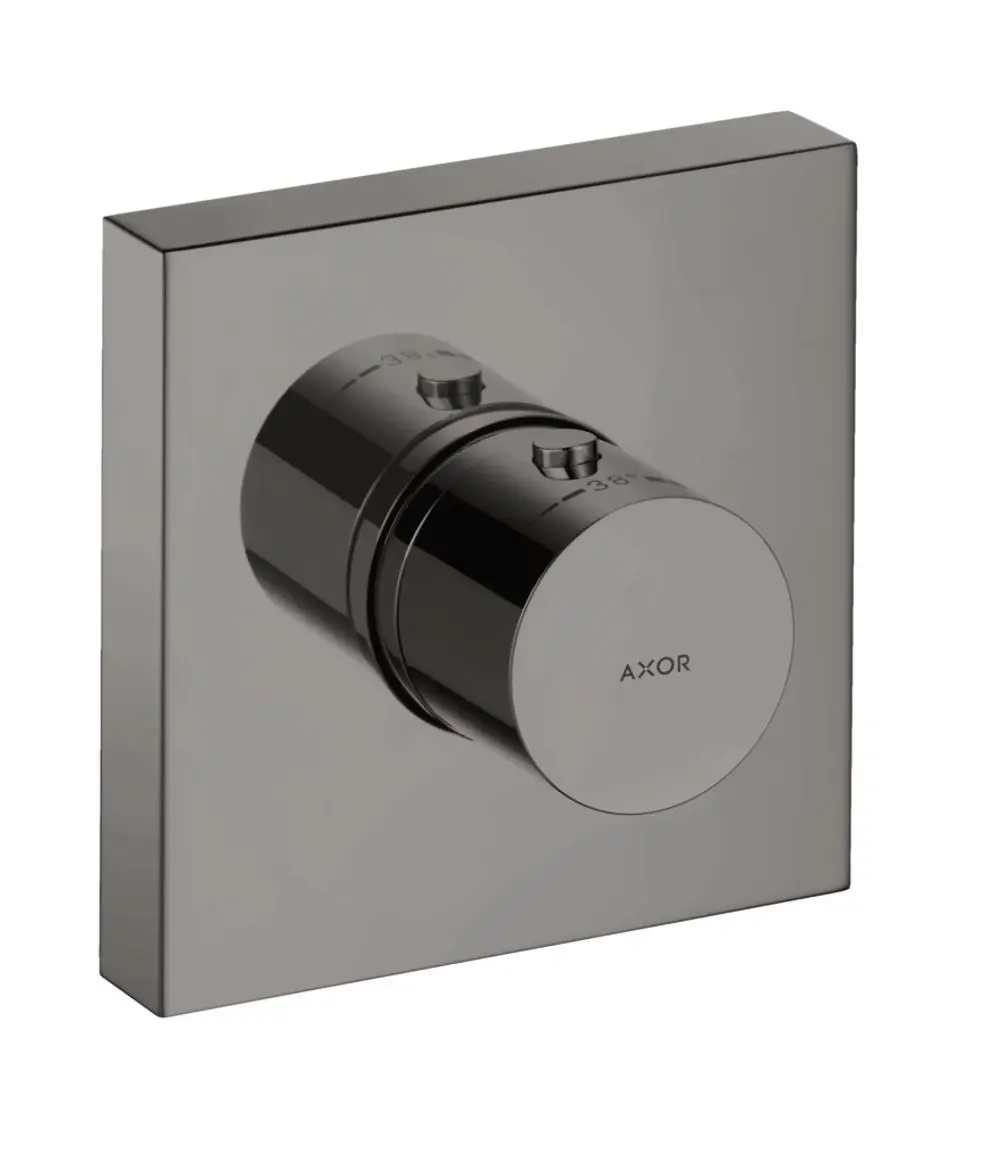 Thermostatmodul mit einem runden Bedienknopf und einem quadratischen Wandpaneel in glänzendem Schwarzchrom, Marke AXOR.